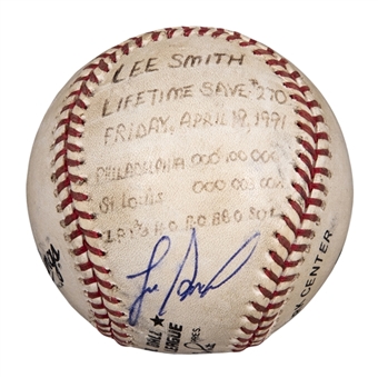 1991 Lee Smith Game Used/Signed Career Save #270 Baseball Used on 4/19/91 (Smith LOA)